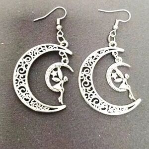 Cresent Moon Star Dangle Drop Earrings With Fairy Angels Wing For Women